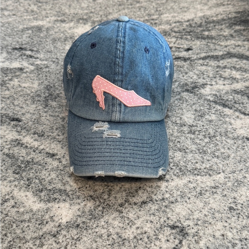New Custom Designed Blue Distressed Baseball Cap with Embroidered Pink Shoe